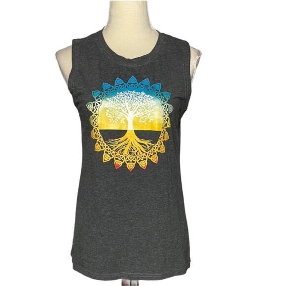Bohemian Grey Sleeveless Tank w/Mandala & Tree of Life Design (Medium) - Picture 1 of 7